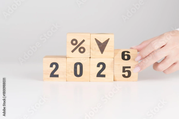 Fototapeta 2025 to 2026 New year with percentage change to UP and Down arrow. Interest rate, GDP, stocks market, financial, deflation and Inflation, mortgage, debt, Loan and Economic Recession
