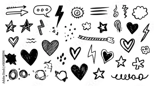 Obraz Collection of hand-drawn doodle vector sketch elements including hearts, stars, arrows, speech bubbles, and lightning bolts.