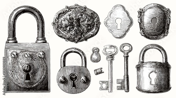 Obraz Vintage Padlocks, Antique Keyholes, and Old Keys Engraving Illustration Set. Hand-drawn security lock elements on white.