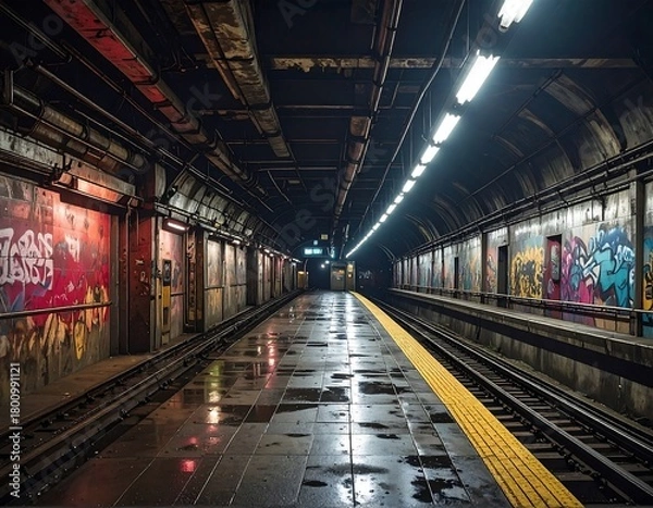 Fototapeta Dark, wet subway station with graffiti-covered walls, dimly lit, and reflecting surfaces