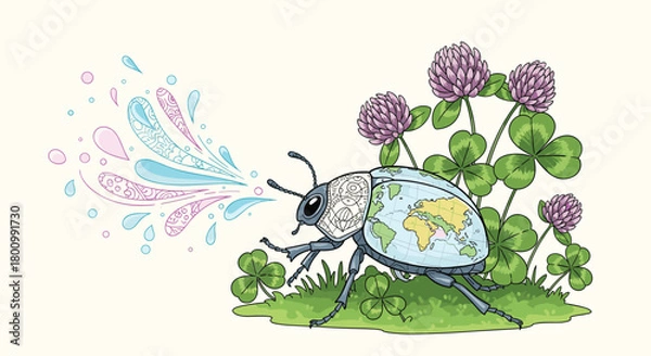 Obraz An imaginative beetle with a world map on its back emits ornate, colorful patterns, nestled in a patch of green clover and purple blossoms.
