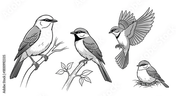 Obraz Diverse monochrome illustrations of small birds, showcasing various poses like perching, taking flight, and nesting on branches and in a nest.