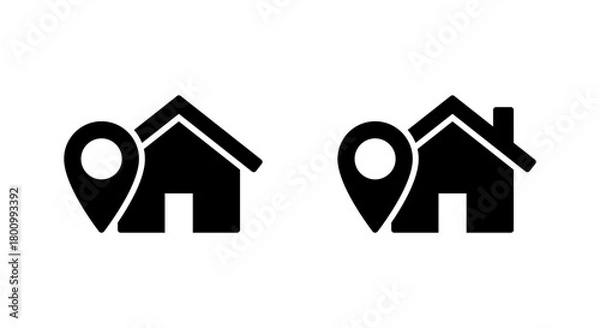 Fototapeta Home location icon. House with map pin symbol. Residential address sign