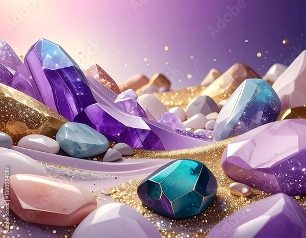 Fototapeta Dazzling, colorful gemstones in various shapes and sizes on a golden, sparkling surface