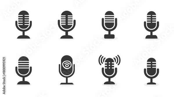 Fototapeta Set of diverse microphone icons, including retro and modern styles. Vector symbols for audio recording, podcasting, broadcasting, and voice control.