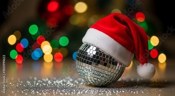 Fototapeta Festive disco ball wearing a soft Santa hat, reflecting bright holiday lights and sparkling with silver glitter on a table