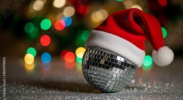 Obraz Festive disco ball wearing a soft Santa hat, reflecting bright holiday lights and sparkling with silver glitter on a table