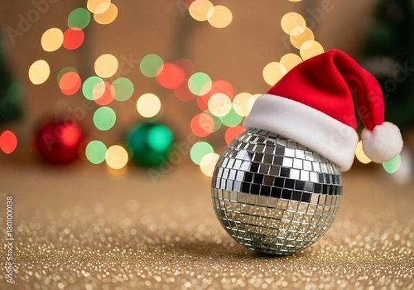 Obraz Festive disco ball wearing a soft Santa hat, reflecting bright holiday lights and sparkling with silver glitter on a table