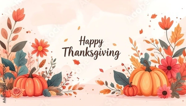 Fototapeta Warm Thanksgiving Greetings with Pumpkins and Floral Accents.