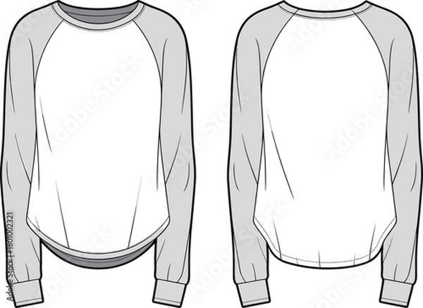 Fototapeta Raglan sleeve long sleeve shirt template, front and back view, apparel design mockup for fashion illustration, clothing vector outline, unisex top