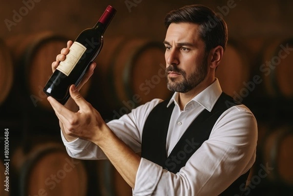 Fototapeta Man inspecting red wine bottle in cellar for quality assessment