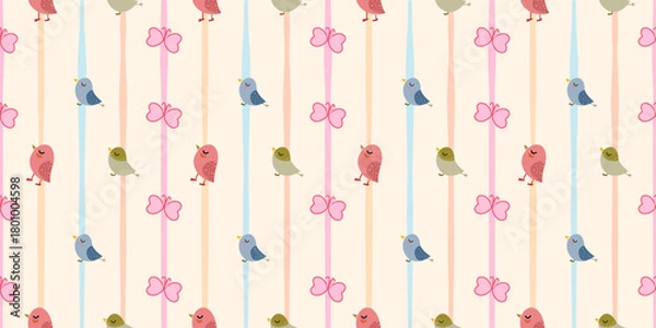 Obraz Seamless pattern of little birds with pink ribbons and decorative elements suitable for backgrounds, fabrics, banners, wrapping paper.