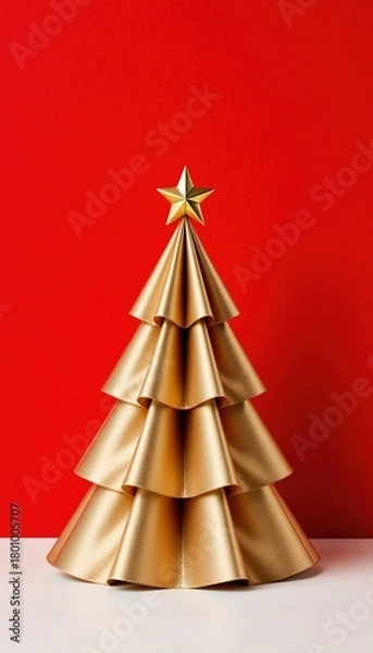 Obraz Elegant Gold Christmas Tree Decoration on Bright Red Background