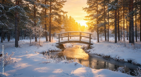 Obraz Enchanting Forest: Snow, Ice, and a Bridge Under a Golden Sky.