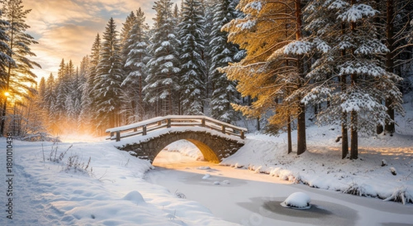 Obraz Snow-Covered Landscape: A Bridge Spanning a Creek at Sunrise.