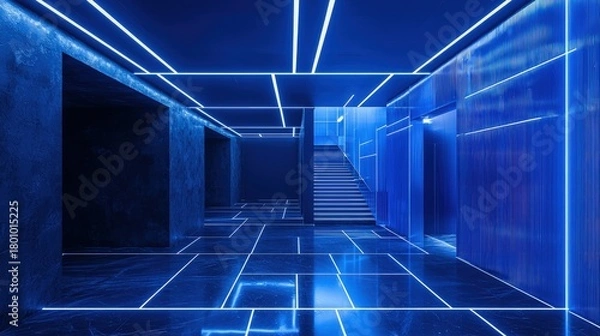 Fototapeta A futuristic hallway bathed in vibrant blue light.