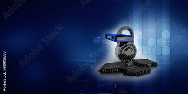 Fototapeta 3d rendering microchips with office file protected lock