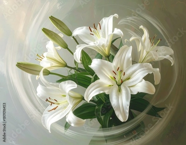Fototapeta Delicate bouquet of white lilies with green stems and leaves, set against a soft, swirling background