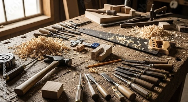 Obraz Woodworking Tools and Shavings on Rustic Workbench in Workshop Setting