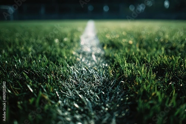 Obraz Low Angle View of Green Grass and White Line on Soccer Field in Soft Lighting and Blurred Background, Landscape Shot