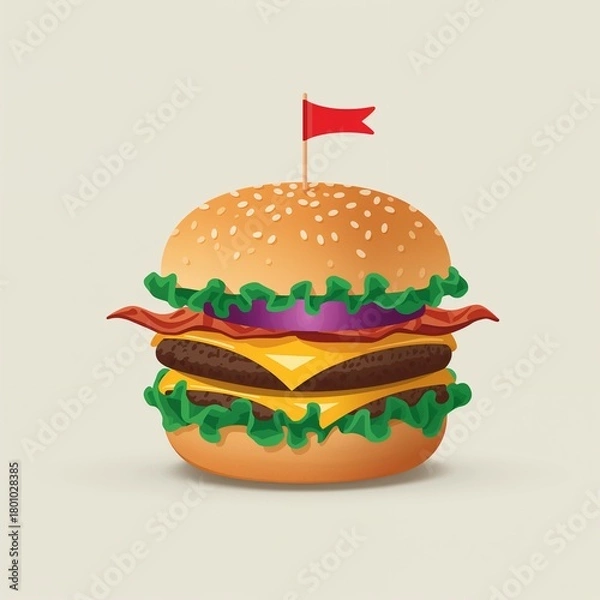 Obraz Double cheeseburger with bacon, cheese, and flag illustration