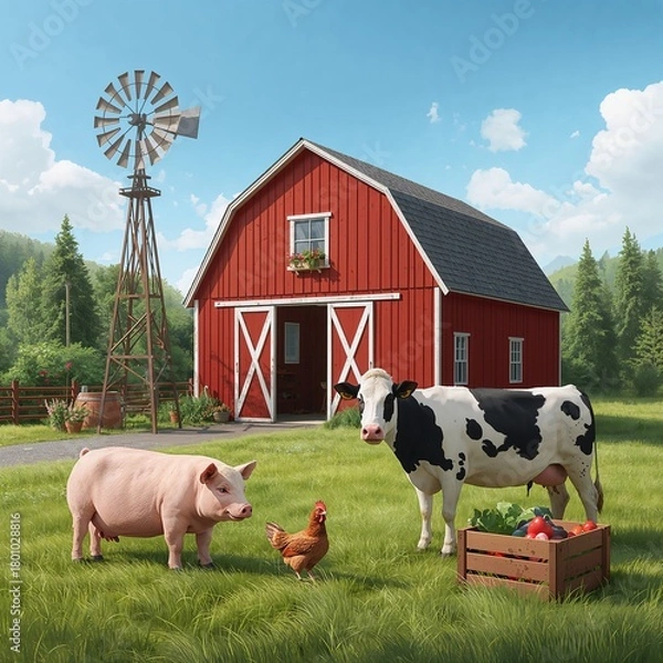 Obraz Classic farm scene with barn, cow, pig, chicken, and windmill.