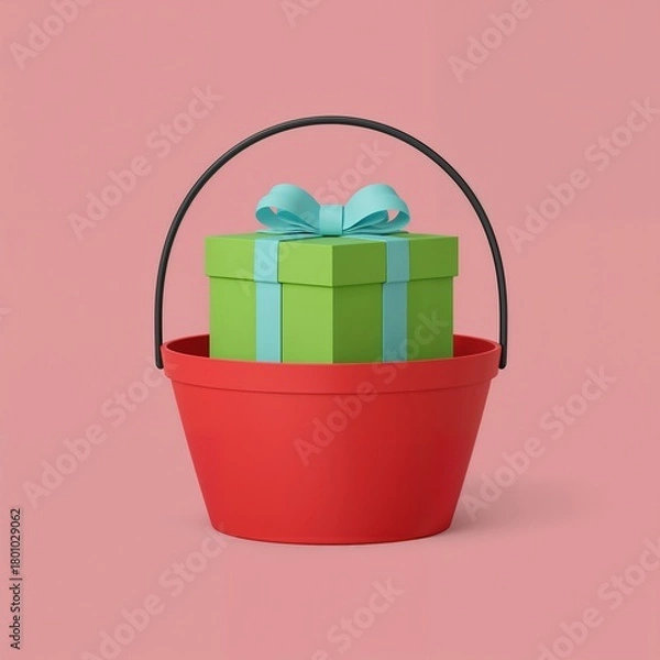 Obraz Green gift box with blue ribbon in red bucket, pink background