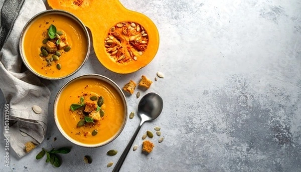 Fototapeta Butternut Squash Soup with Croutons and Pumpkin Seeds.