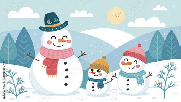 Fototapeta Whimsical Snowman Trio in Festive Winter Landscape with Sleepy Sun, Stylized Trees, and Falling Snow