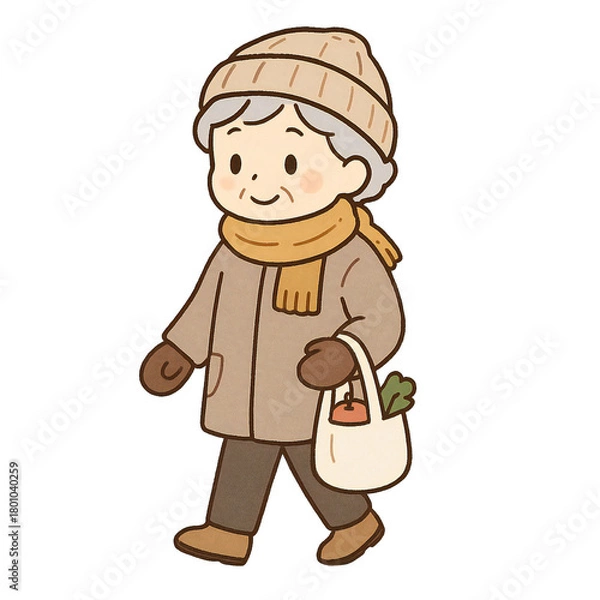 Obraz 冬の寒い日に買い物帰りの高齢女性がエコバッグを持って歩くシーンのかわいいベクターイラスト