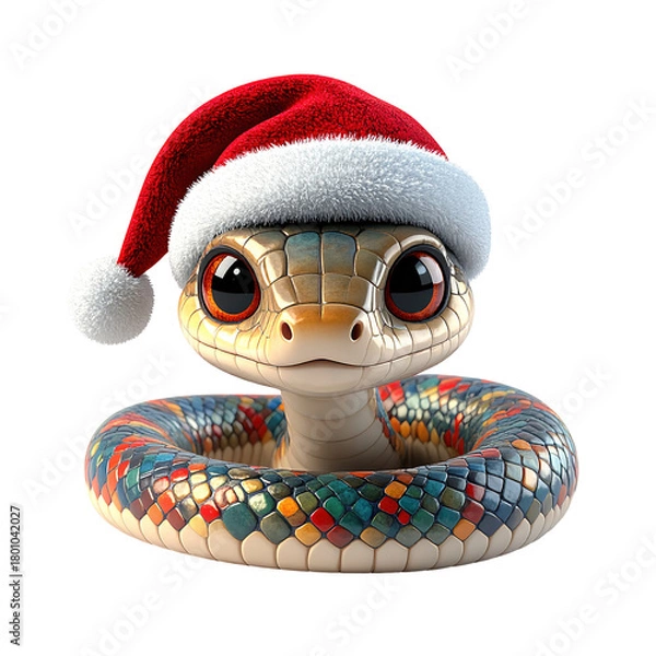 Obraz Adorable reptile character wearing a traditional red and white holiday cap, clipart, isolated on a transparent background.