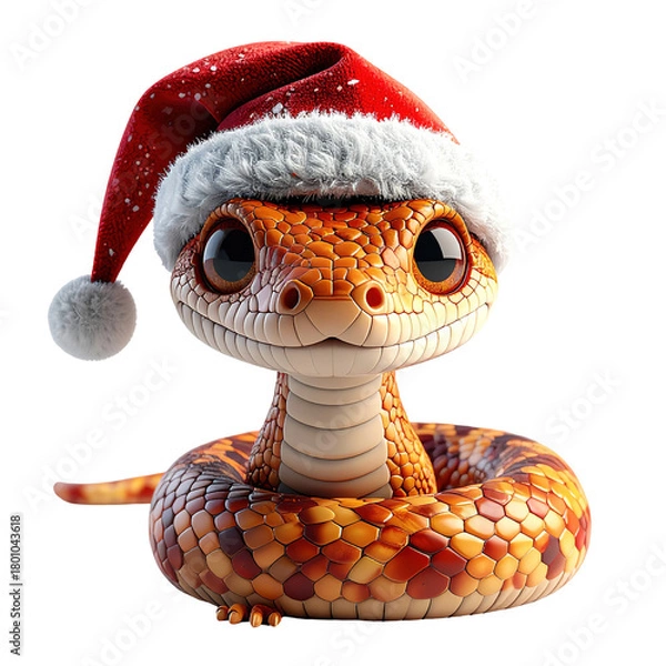 Fototapeta Adorable reptile character wearing a festive holiday cap with white trim, clipart, isolated on a transparent background.