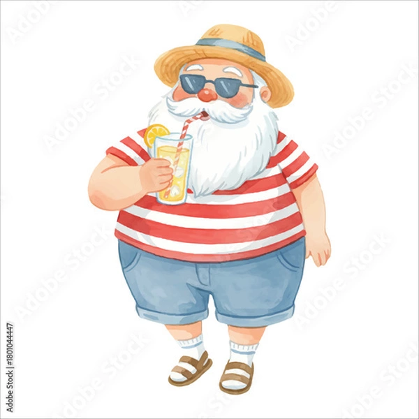 Fototapeta Santa Claus Drinking Lemonade Summer Watercolor Vector Isolated on White Background
