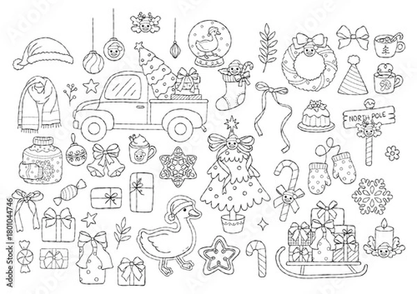 Fototapeta Christmas Goose Collection Outline Vector, Hand Drawn Santa Goose Line Art Doodle, Trendy Christmas Animal Coloring Page Hand Drawn Design