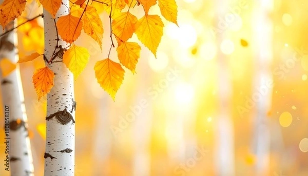 Fototapeta Autumn birch trees with golden leaves in sunlight.