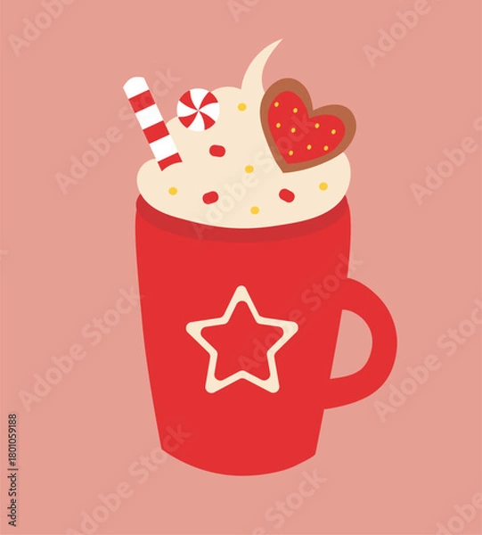 Fototapeta Red Christmas cup with whipped cream and lollipop, gingerbread cookie in shape heart. Vector flat illustration.