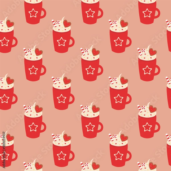Fototapeta Seamless Pattern. Red Christmas cup with whipped cream, candy cane and sprinkles, gingerbread heart cookie. Mug decorated star. Vector flat illustration.