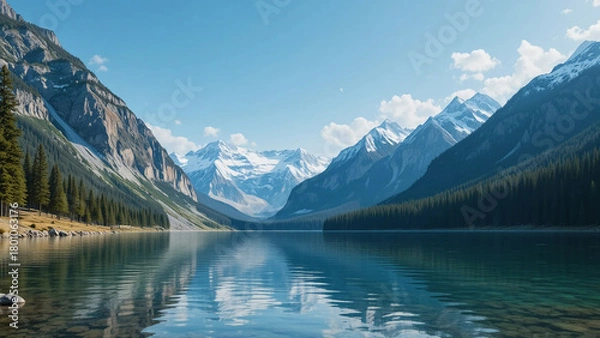 Obraz Crystal Clear Alpine Lake With Snow Capped Peaks And Dense Forest
