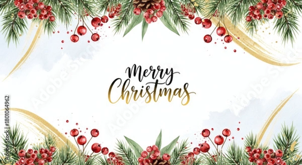 Obraz Hand-Painted Christmas Border Design Featuring Pine Branches, Red Holly Berries, and Pine Cones with Golden Brush Strokes on a White Background, Perfect for Rustic and Traditional Holiday Greetings