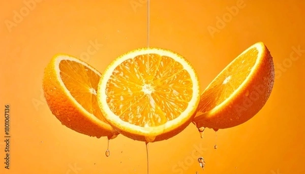 Fototapeta Fresh Orange Slices with Juice Drips on Orange Background.
