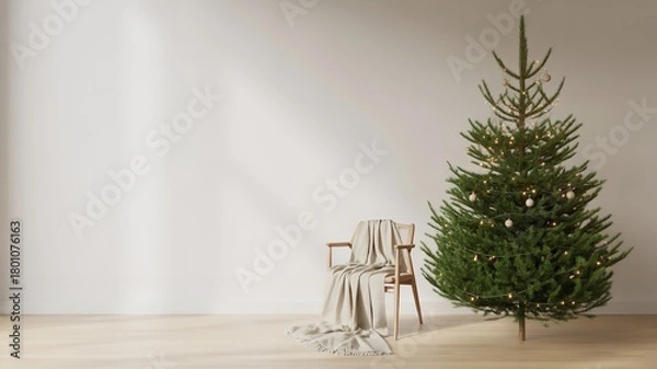 Fototapeta Serene Christmas Interior with Blank Frame Above Fireplace and Comfortable Sofa for Holiday