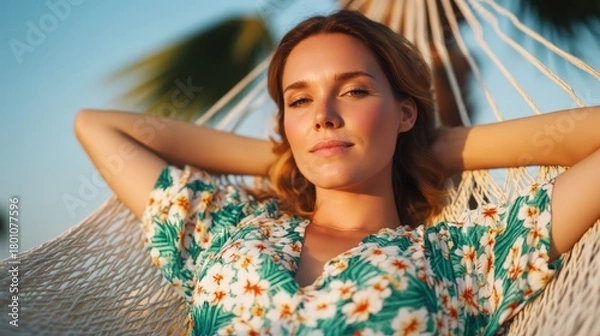 Obraz A relaxed woman lounges in a hammock, enjoying the sunshine and tropical surroundings, wearing a floral dress.
