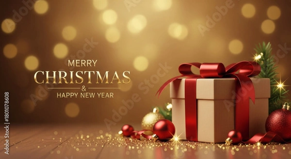 Obraz Luxurious Merry Christmas and Happy New Year Greeting Card with a Festive Gift Box, Red Ribbon, and Sparkling Ornaments on a Warm Wooden Surface with Golden Bokeh Lights Background