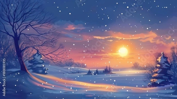 Fototapeta Winter solstice sunset over snowy landscape with bare trees and falling snowflakes. Horizontal banner. Copy space. Free space for text. Hibernal solstice. Flat illustration