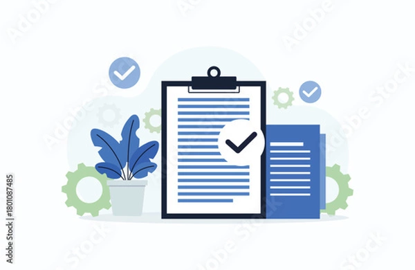 Fototapeta 3d illustration of clipboard with check mark and plant, representing task completion, project management, and successful workflow in a modern design
