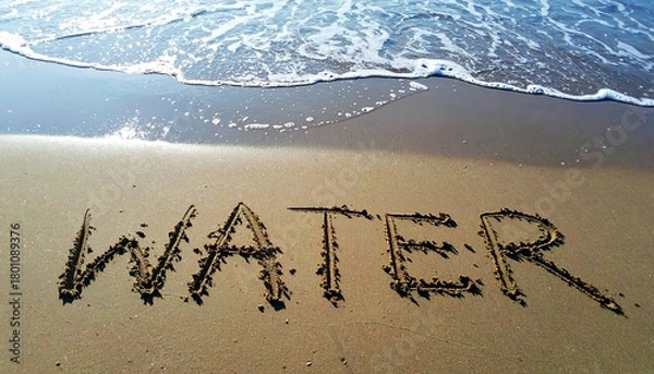 Fototapeta Water inscription on the beach with ocean wave approaching.