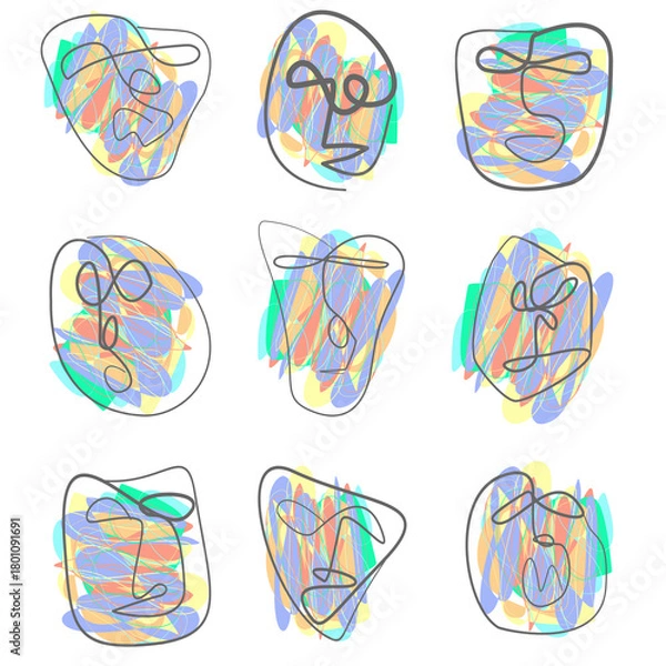 Fototapeta A set of nine abstract face different emotions paintings in one-line art style.  Ideal for prints on fabric, wallpaper, or ceramics.