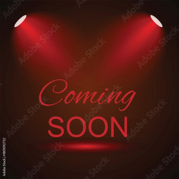Obraz Coming soon message illuminated by spotlights on a dark red gradient background.