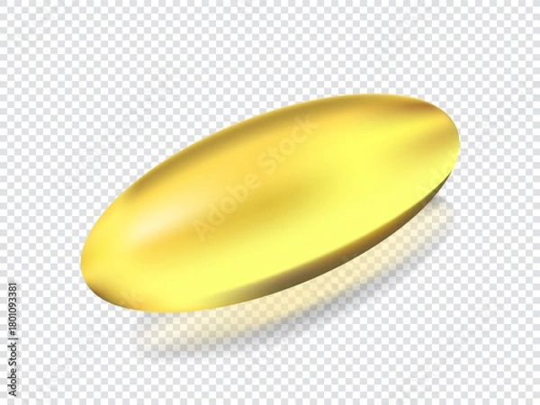 Obraz Golden oil capsule of vitamin A, E, Omega 3 or collagen. Vector realistic mockup of medical pill with fish fat or organic cosmetic oil. Clear yellow tablets isolated on transparent background