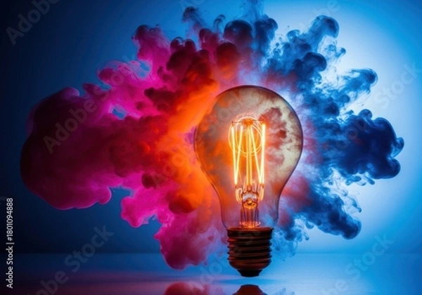 Fototapeta Light bulb with colorful smoke around it on a blue background